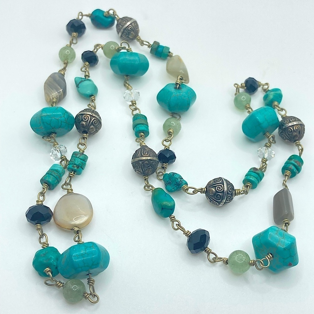 Vtg Howlite Turquoise Quartz Agate Beaded Wrapped Wire Necklace 31”